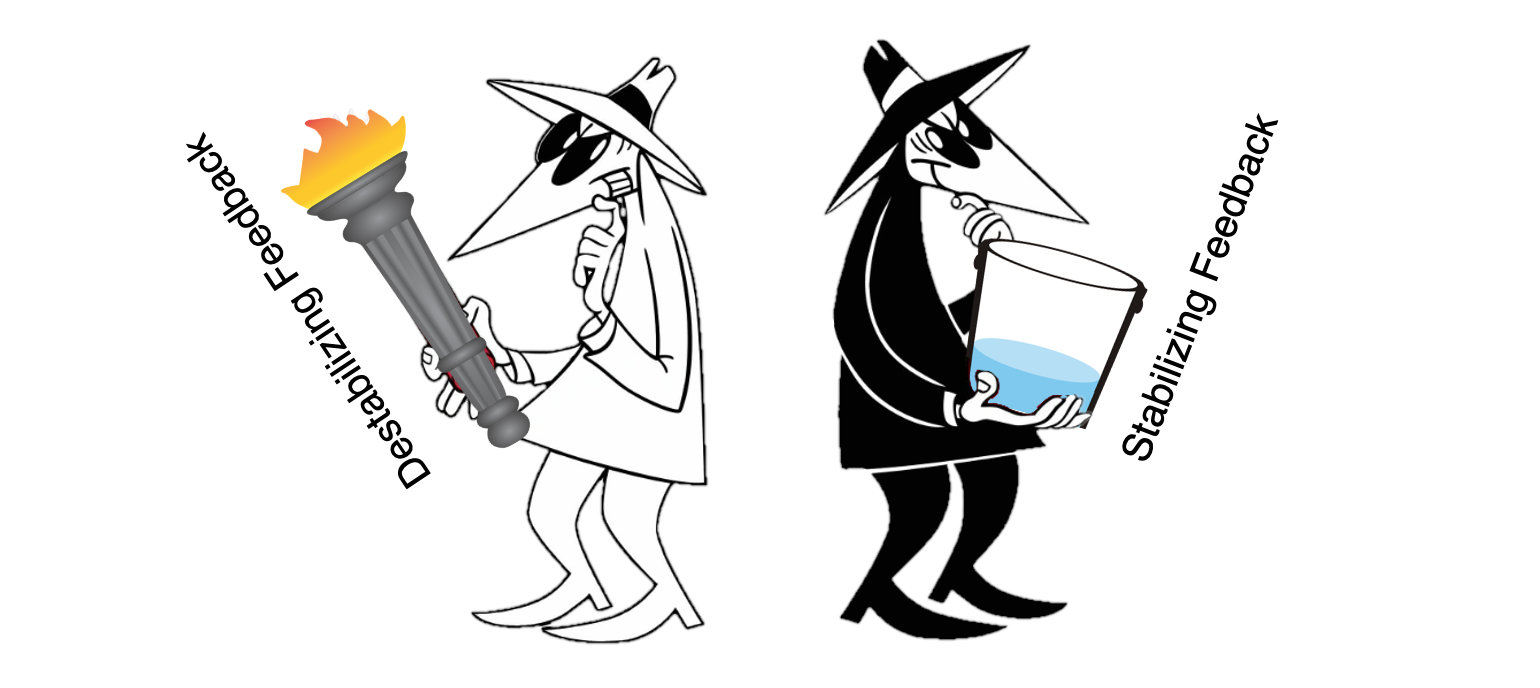 Image of Spy vs. Spy from MAD comics, with one spy hold a flaming torch and another holding a bucket of water